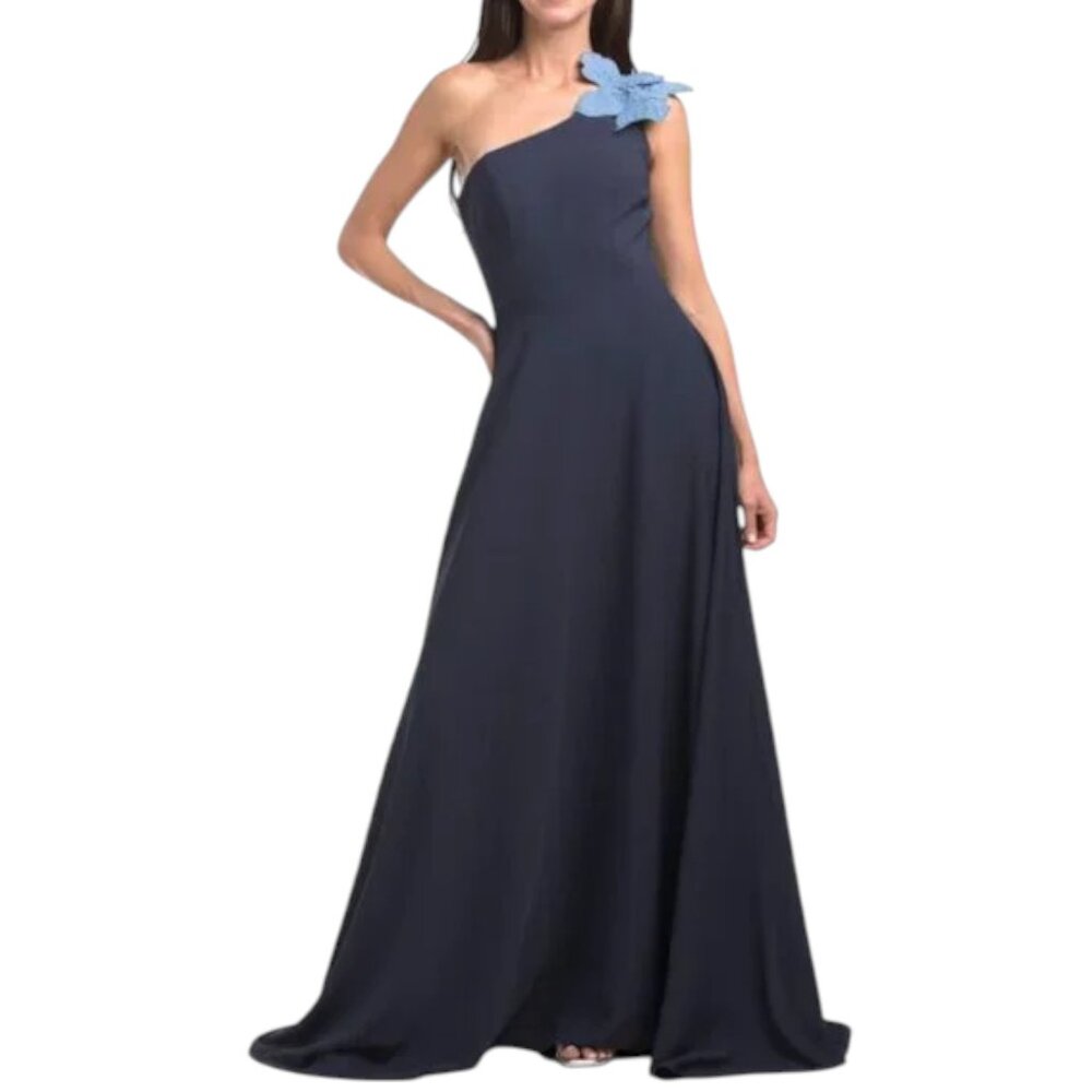 TERANI COUTURE Navy/Blue One Shoulder 3d Floral Gown